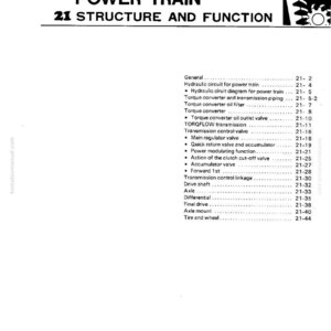 K&ouml;nnte beinhalten: Eine Seite aus einem Handbuch mit dem Titel "POWER TRAIN 21 STRUCTURE AND FUNCTION". Der Text listet Komponenten wie Drehmomentwandler, Getriebesteuerventil und Achse auf. Die Seite ist wei&szlig; mit schwarzem Text.