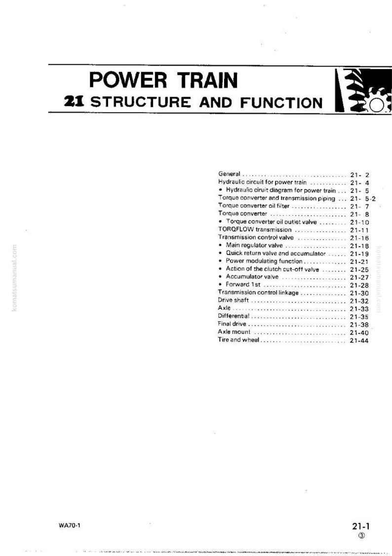 K&ouml;nnte beinhalten: Eine Seite aus einem Handbuch mit dem Titel "POWER TRAIN 21 STRUCTURE AND FUNCTION". Der Text listet Komponenten wie Drehmomentwandler, Getriebesteuerventil und Achse auf. Die Seite ist wei&szlig; mit schwarzem Text.