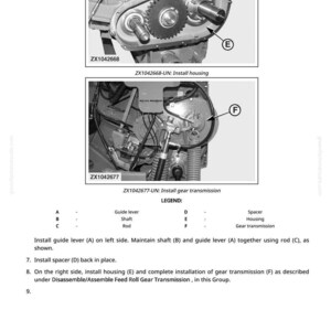 Puede incluir: Diagrama t&eacute;cnico con dos im&aacute;genes detalladas de componentes de maquinaria. La imagen superior muestra un conjunto de engranajes con el texto "ZX1042668-UN: Install housing." La imagen inferior muestra m&aacute;s maquinaria con el texto "ZX1042677-UN: Install gear transmission."
