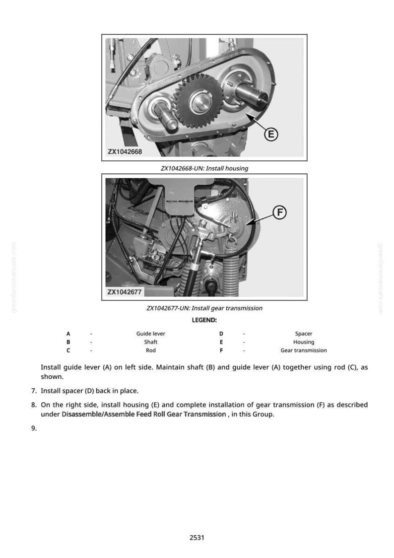 Puede incluir: Diagrama t&eacute;cnico con dos im&aacute;genes detalladas de componentes de maquinaria. La imagen superior muestra un conjunto de engranajes con el texto "ZX1042668-UN: Install housing." La imagen inferior muestra m&aacute;s maquinaria con el texto "ZX1042677-UN: Install gear transmission."