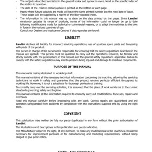 May include: A page from a Landini tractor Series 7 manual. The text includes an introduction, liability information, and copyright details. The manual is dedicated to workshop staff and provides technical information.