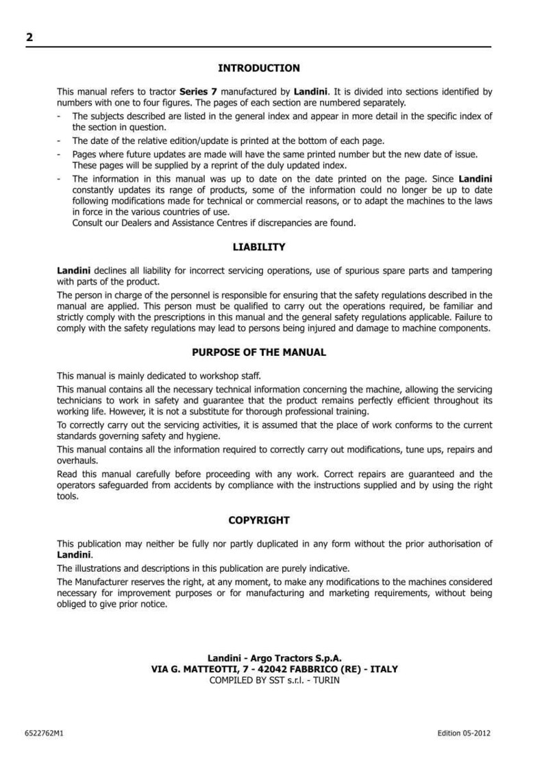 May include: A page from a Landini tractor Series 7 manual. The text includes an introduction, liability information, and copyright details. The manual is dedicated to workshop staff and provides technical information.