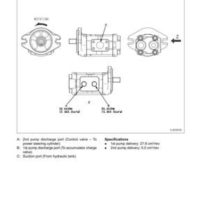 Pode incluir: Diagrama de uma bomba de freio e dire&ccedil;&atilde;o, rotulado "BED10E1-01CF". A imagem inclui m&uacute;ltiplas vistas da bomba, com r&oacute;tulos para portas e especifica&ccedil;&otilde;es. O texto inclui "600 Hydraulic system" e "DX50 Series."