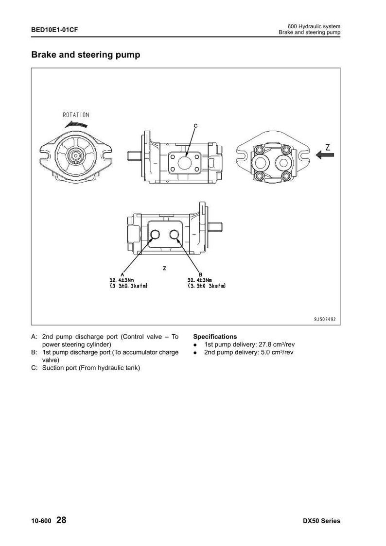 Pode incluir: Diagrama de uma bomba de freio e dire&ccedil;&atilde;o, rotulado "BED10E1-01CF". A imagem inclui m&uacute;ltiplas vistas da bomba, com r&oacute;tulos para portas e especifica&ccedil;&otilde;es. O texto inclui "600 Hydraulic system" e "DX50 Series."