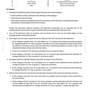 May include: A page from a greenfarmmanuals.com manual detailing alternator testing procedures for 12V and 24V systems. Includes a legend with terms like 'Alternator' and 'Exciter Diodes', and numbered steps for troubleshooting. The page is white with black text.