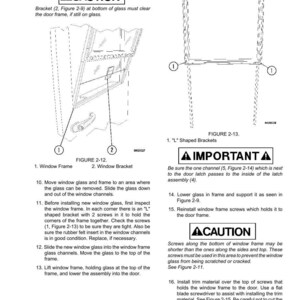 May include: Technical diagram with illustrations and text detailing window frame installation. Includes "CAUTION" and "IMPORTANT" warnings, along with figures and instructions for proper assembly. The diagram is for a truck cab.