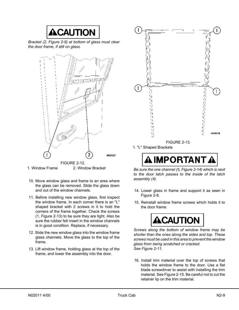 May include: Technical diagram with illustrations and text detailing window frame installation. Includes "CAUTION" and "IMPORTANT" warnings, along with figures and instructions for proper assembly. The diagram is for a truck cab.