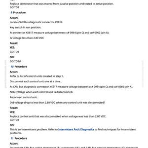 Pu&ograve; includere: Un documento bianco con testo nero che descrive le procedure diagnostiche automobilistiche. Il testo include istruzioni per le misurazioni di tensione e resistenza, le posizioni dei connettori e i passaggi per la risoluzione dei problemi. Il documento proviene da greenfarmmanuals.com.