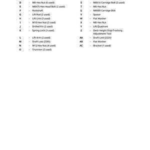 May include: A white page with a legend of mechanical parts, including bolts, nuts, and links, labeled A through AC. The text is in black, with a number 439 at the bottom.