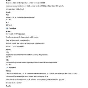 May include: A white page with black text detailing automotive diagnostic procedures. The text includes instructions for checking the cab air temperature sensor, with steps, results, and troubleshooting guidance. The number 812 is at the bottom.
