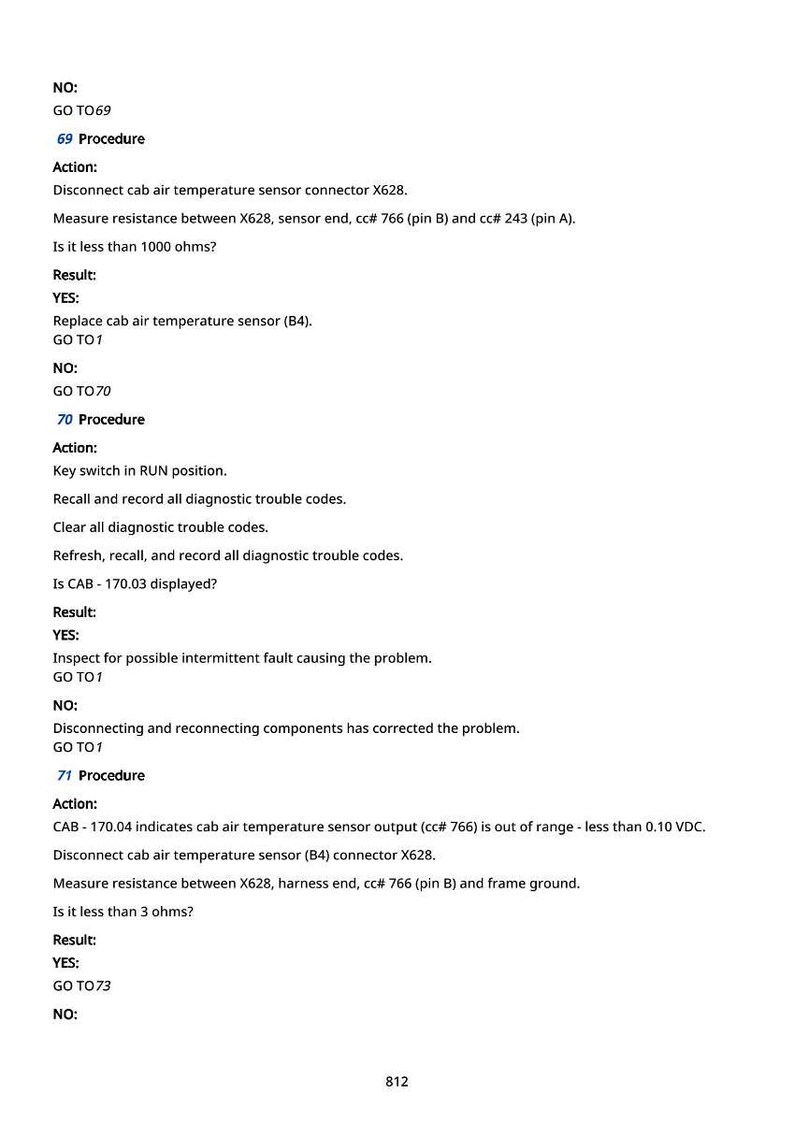 May include: A white page with black text detailing automotive diagnostic procedures. The text includes instructions for checking the cab air temperature sensor, with steps, results, and troubleshooting guidance. The number 812 is at the bottom.
