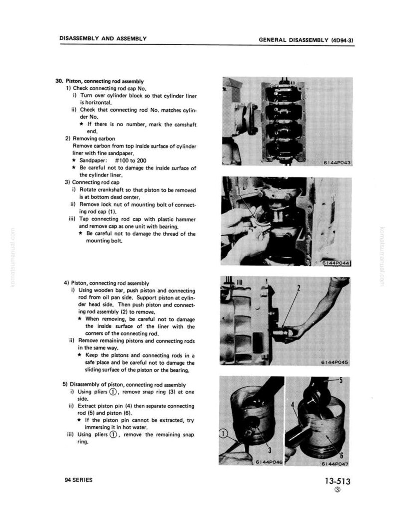 May include: A page from a manual detailing the disassembly and assembly of a piston and connecting rod assembly. The black and white images show the steps, with text instructions and diagrams. The manual is labeled "94 SERIES".