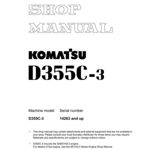 Pu&ograve; includere: Una copertina bianca del manuale d'officina con il testo "SHOP MANUAL" in grassetto e contornato. Sotto, sono visualizzati il logo Komatsu e "D355C-3". Il manuale include informazioni sul modello della macchina e sul numero di serie.