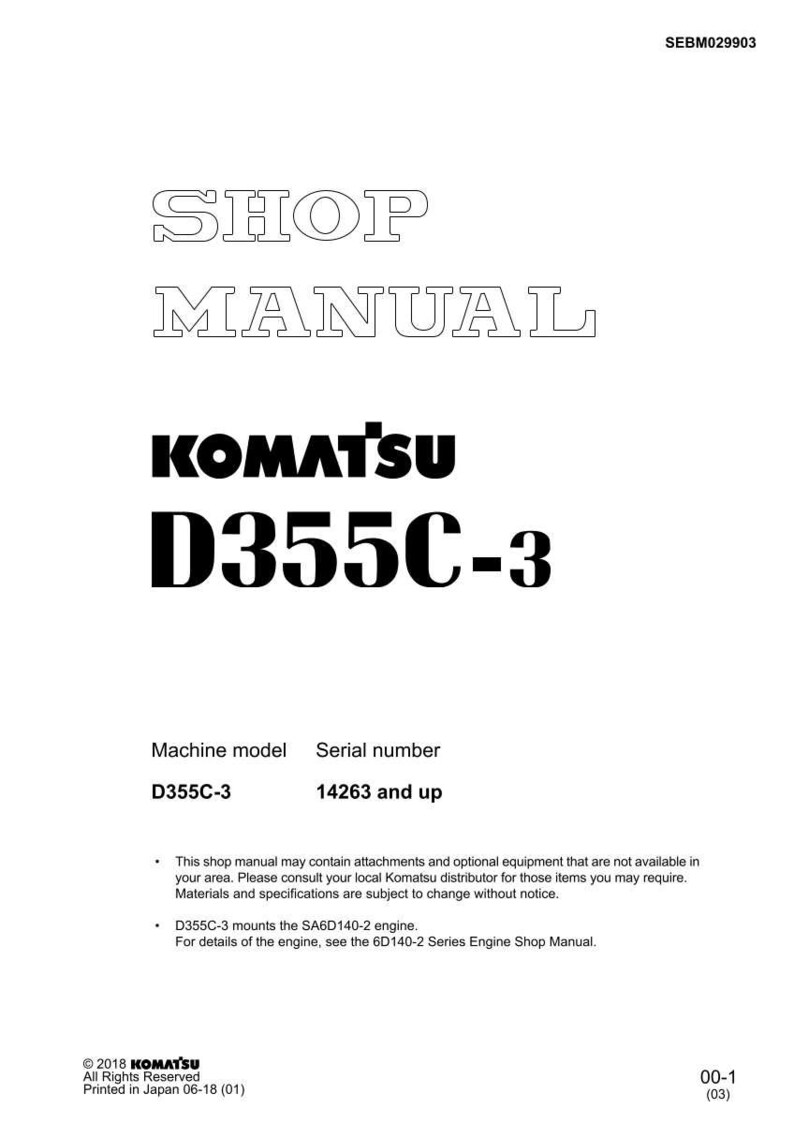 Pu&ograve; includere: Una copertina bianca del manuale d'officina con il testo "SHOP MANUAL" in grassetto e contornato. Sotto, sono visualizzati il logo Komatsu e "D355C-3". Il manuale include informazioni sul modello della macchina e sul numero di serie.