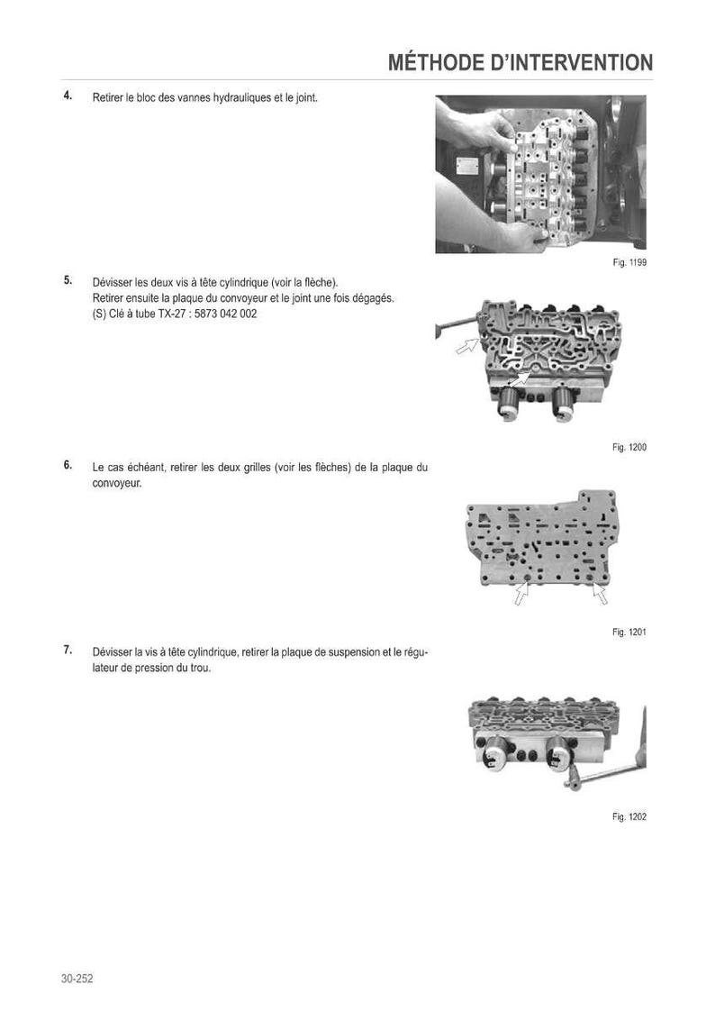 May include: Technical diagram with instructions for hydraulic valve and joint removal. Includes images of components and arrows indicating steps. Text includes "METHODE D'INTERVENTION" and figure numbers.