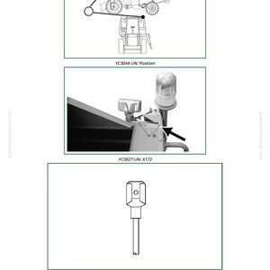 Puede incluir: Diagrama t&eacute;cnico con tres ilustraciones de componentes de maquinaria agr&iacute;cola. La imagen superior muestra una cosechadora, la del medio una luz y la inferior una varilla met&aacute;lica. El texto incluye "YC3044-UN: Position", "YC3027-UN: X172" y "HS4479-UN: End View".