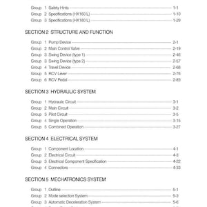 May include: A detailed table of contents from a manual, with sections on general information, structure, function, hydraulic, electrical, and mechatronics systems. The text is black on a white background.