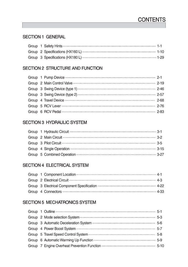 May include: A detailed table of contents from a manual, with sections on general information, structure, function, hydraulic, electrical, and mechatronics systems. The text is black on a white background.