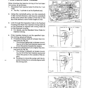 May include: Technical diagram illustrating fuel injection timing adjustment. The image includes diagrams of an engine component with arrows indicating direction and numbered markings. Text provides instructions for the process.