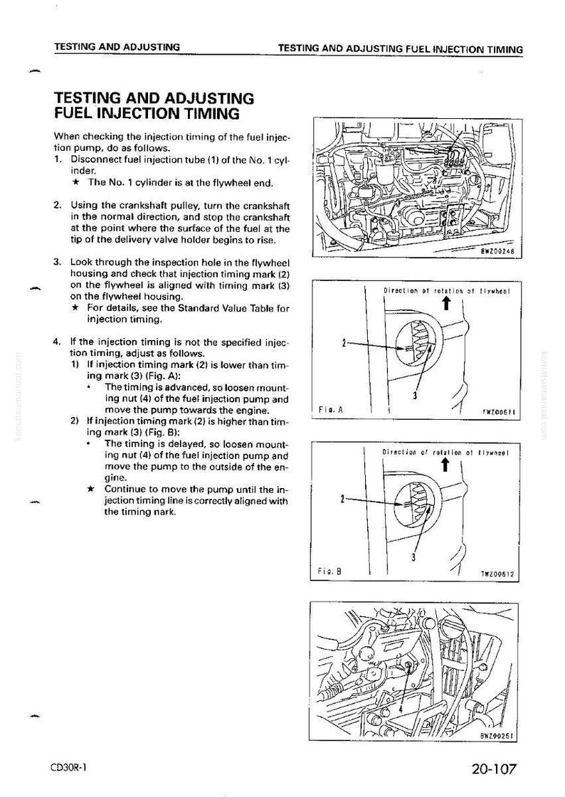 May include: Technical diagram illustrating fuel injection timing adjustment. The image includes diagrams of an engine component with arrows indicating direction and numbered markings. Text provides instructions for the process.