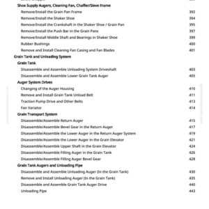 K&ouml;nnte beinhalten: Eine wei&szlig;e Seite mit einer detaillierten Liste von Wartungsverfahren f&uuml;r Landmaschinen. Der Text enth&auml;lt Anweisungen zum Zerlegen und Zusammenbauen verschiedener Komponenten, wie z. B. Schnecken, L&uuml;fter und Antriebswellen, mit entsprechenden Seitenzahlen.