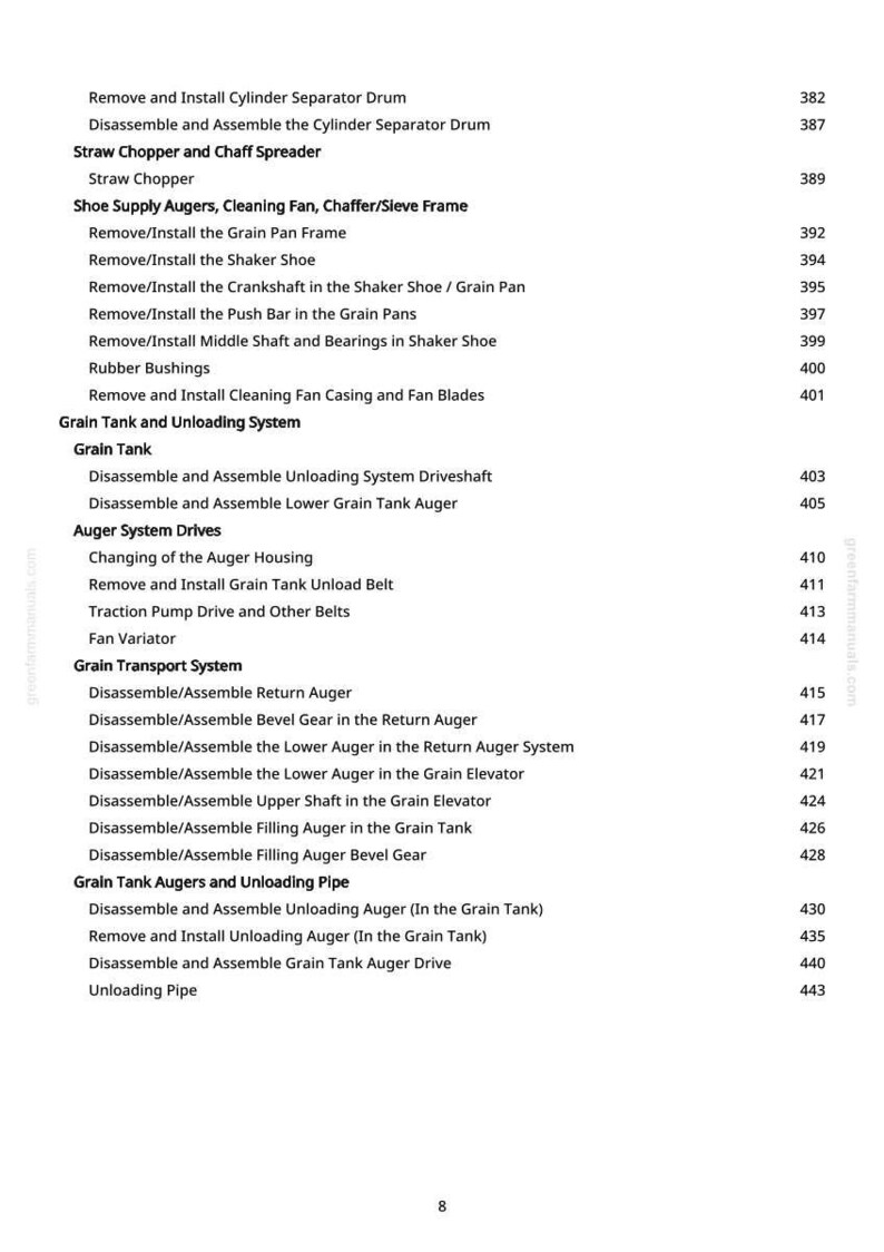 K&ouml;nnte beinhalten: Eine wei&szlig;e Seite mit einer detaillierten Liste von Wartungsverfahren f&uuml;r Landmaschinen. Der Text enth&auml;lt Anweisungen zum Zerlegen und Zusammenbauen verschiedener Komponenten, wie z. B. Schnecken, L&uuml;fter und Antriebswellen, mit entsprechenden Seitenzahlen.
