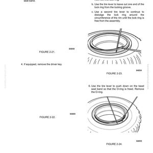 May include: A page from a manual detailing tire and rim maintenance. The illustrations show steps for removing and replacing tire components, including the lock ring and O-ring, using tire levers. Text includes instructions and figure numbers.