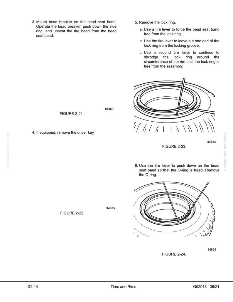 May include: A page from a manual detailing tire and rim maintenance. The illustrations show steps for removing and replacing tire components, including the lock ring and O-ring, using tire levers. Text includes instructions and figure numbers.