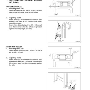 May include: Technical diagram of a MAST (1.0-1.75 TON MODELS) system, detailing roller and shim adjustments. Includes diagrams with measurements in millimeters, and text instructions for selecting roller sizes and adjusting shims for optimal performance.