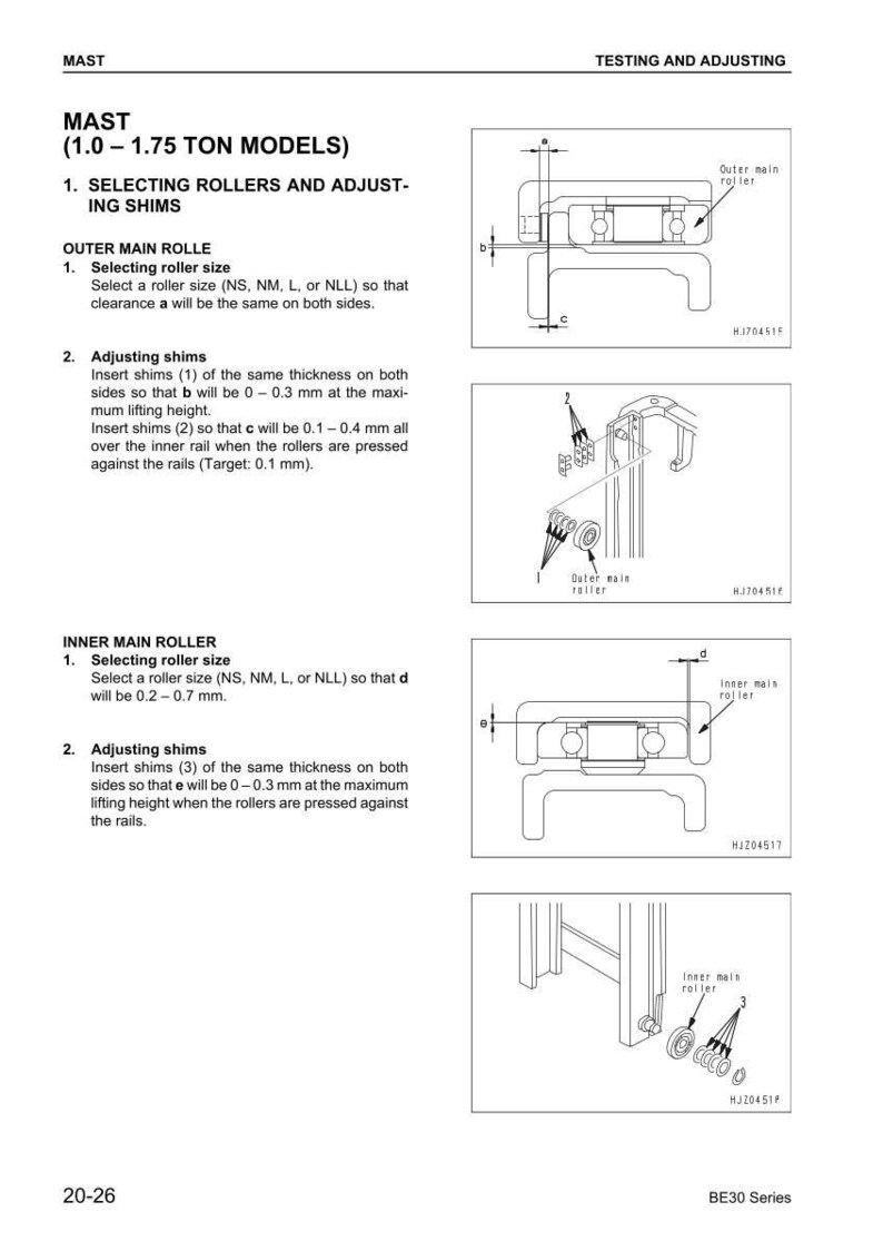 May include: Technical diagram of a MAST (1.0-1.75 TON MODELS) system, detailing roller and shim adjustments. Includes diagrams with measurements in millimeters, and text instructions for selecting roller sizes and adjusting shims for optimal performance.