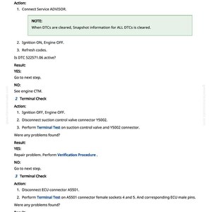 May include: A white document with black text detailing diagnostic procedures for a vehicle. The document includes instructions for reading DTCs, terminal checks, and connector disconnections. The text includes the word "NOTE" and the number "2257".