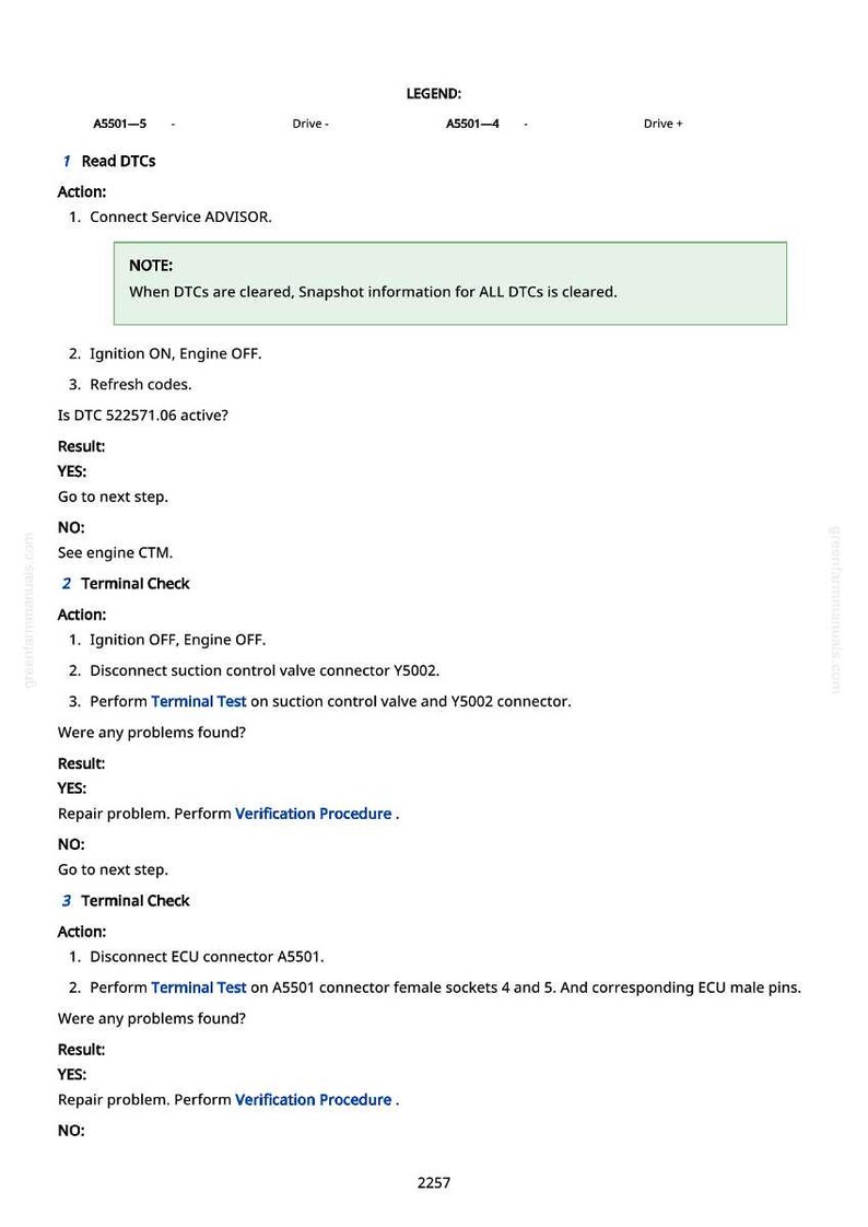 May include: A white document with black text detailing diagnostic procedures for a vehicle. The document includes instructions for reading DTCs, terminal checks, and connector disconnections. The text includes the word "NOTE" and the number "2257".