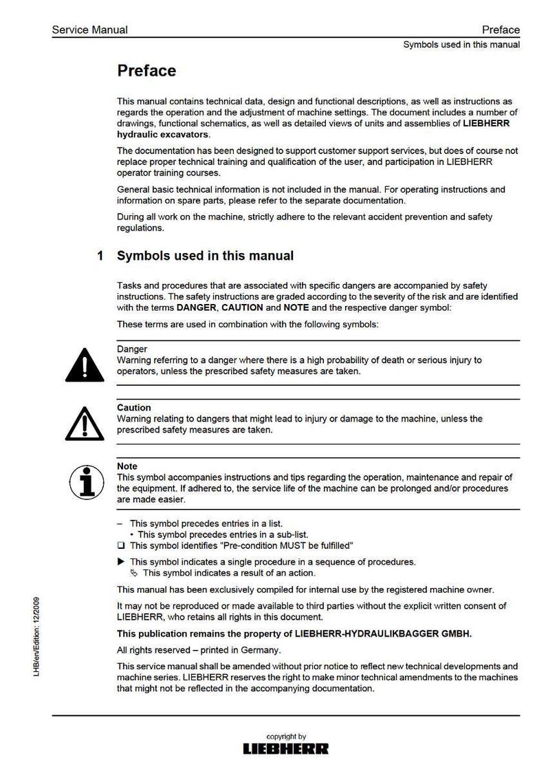 May include: A service manual page with the title "Preface" and "Symbols used in this manual." The document includes safety symbols for "Danger," "Caution," and "Note." The manual is for LIEBHERR hydraulic excavators and includes technical data and functional descriptions.