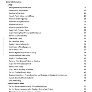 May include: A page from a manual titled "Table of Contents" with a list of safety and general information topics. The text is black on a white background, with page numbers on the right. The manual covers topics like safety, tools, and fluids.