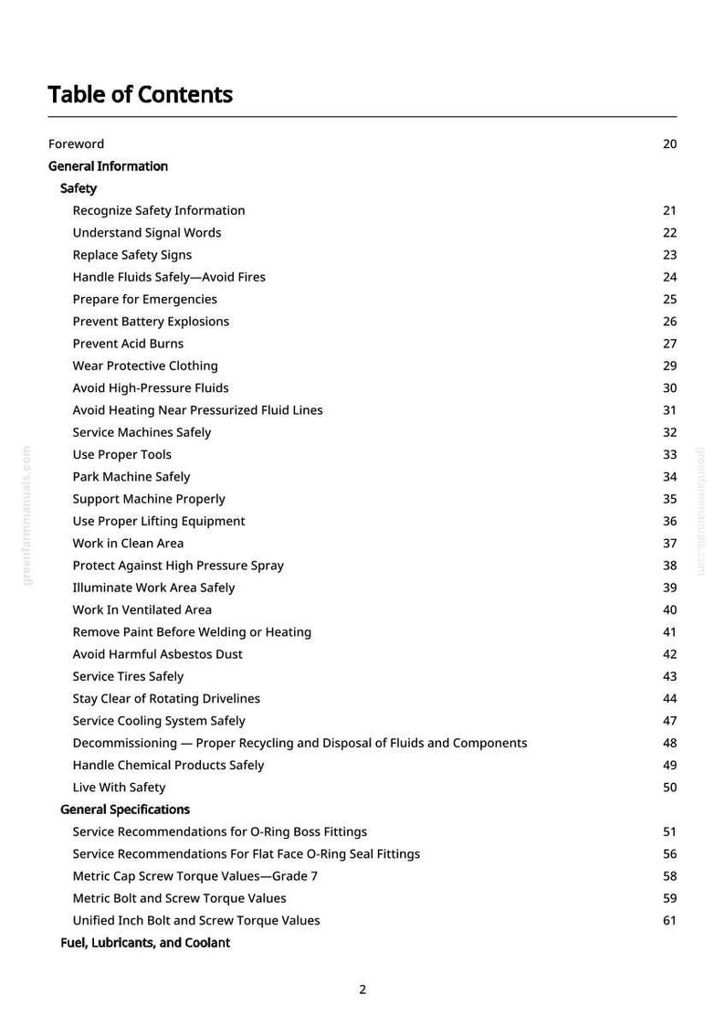 May include: A page from a manual titled "Table of Contents" with a list of safety and general information topics. The text is black on a white background, with page numbers on the right. The manual covers topics like safety, tools, and fluids.