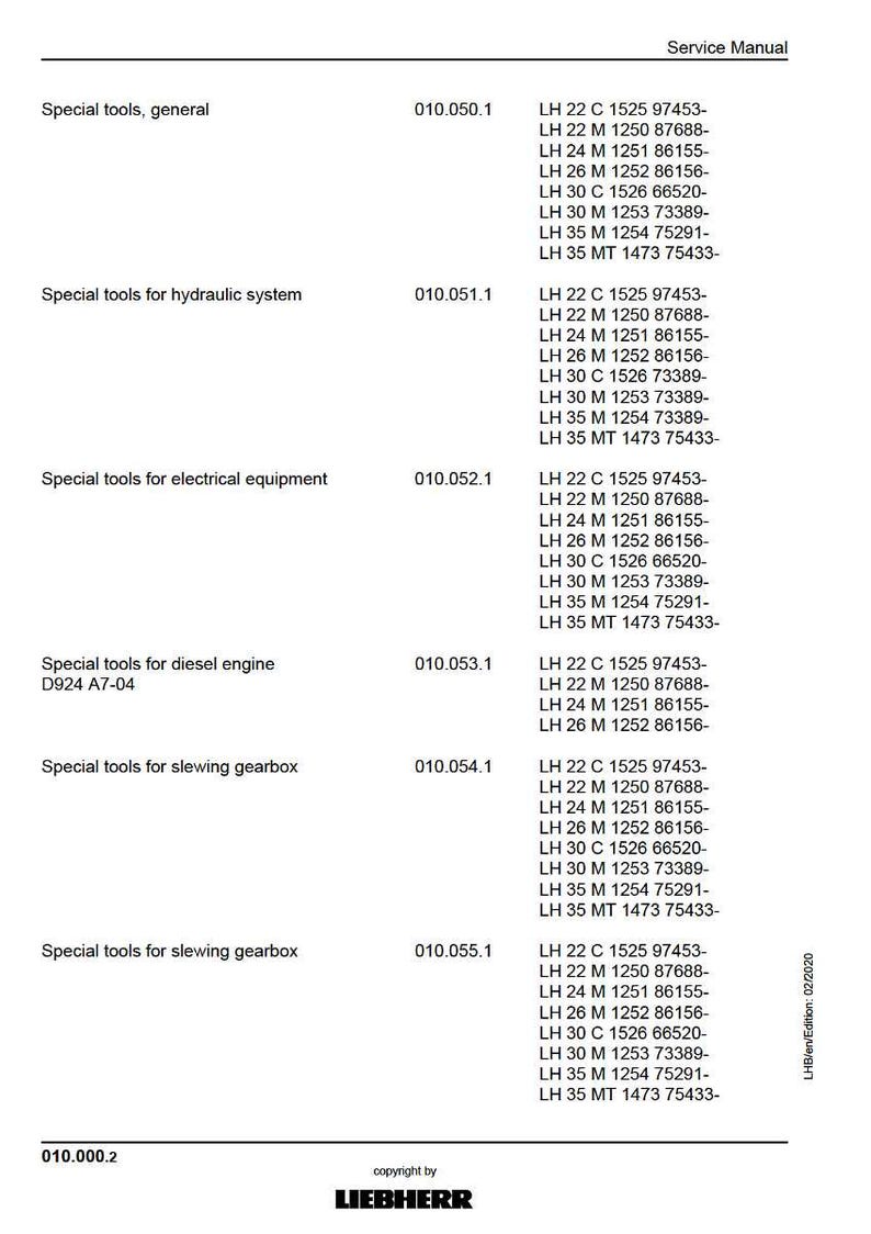 May include: A service manual page detailing special tools for general, hydraulic, electrical, and diesel equipment, plus slewing gearboxes. Includes part numbers and model details, with the Liebherr copyright.
