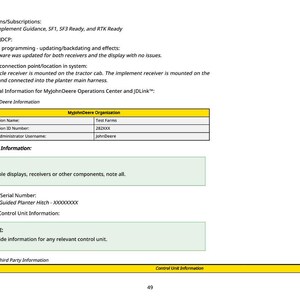 May include: A white document page with black text detailing activations, software programming, and connection points for agricultural equipment. Includes a table with organization information and notes on components.