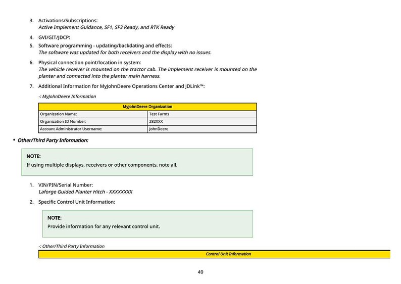 May include: A white document page with black text detailing activations, software programming, and connection points for agricultural equipment. Includes a table with organization information and notes on components.