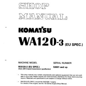 Pu&ograve; includere: Un manuale di officina bianco con il titolo "SHOP MANUAL" in grassetto e contornato. Il logo Komatsu &egrave; ben visibile, insieme al modello "WA120-3 (EU SPEC.)". Il manuale include specifiche e informazioni sul numero di serie.