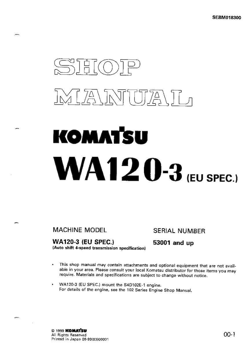 Pu&ograve; includere: Un manuale di officina bianco con il titolo "SHOP MANUAL" in grassetto e contornato. Il logo Komatsu &egrave; ben visibile, insieme al modello "WA120-3 (EU SPEC.)". Il manuale include specifiche e informazioni sul numero di serie.