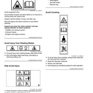 May include: A page of safety labels with no text, featuring various warning symbols and instructions. The labels address potential hazards like equipment fires, crushing, and rotating blades, providing guidance on safe operation and maintenance.