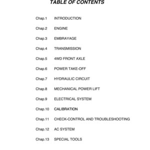 May include: A white page with a black header and a table of contents. The table lists chapters on topics like Engine, Transmission, and Electrical System. The text is in a sans-serif font.