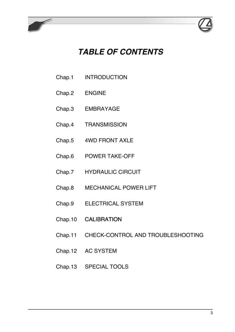 May include: A white page with a black header and a table of contents. The table lists chapters on topics like Engine, Transmission, and Electrical System. The text is in a sans-serif font.