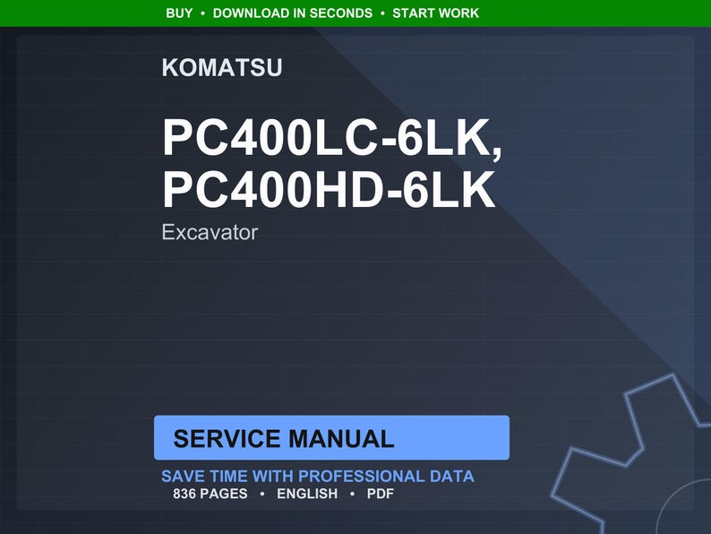 May include: A dark blue digital document featuring the Komatsu brand name and excavator model numbers PC400LC-6LK and PC400HD-6LK. The text "Service Manual" is displayed in a blue rectangle, with details about the document's content.