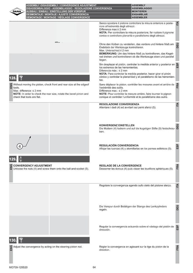 May include: A page from a manual with instructions for assembly, disassembly, and convergence adjustment. Text in multiple languages, including English, German, and Spanish, details steps and measurements. The DANA logo is visible.