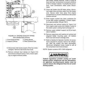 K&ouml;nnte beinhalten: Diagramm der Abgasanlage eines Motors mit nummerierten Komponenten und Ausbauanweisungen. Text enth&auml;lt Warnhinweise zum K&auml;ltemittel und Verfahren zum Trennen von Teilen. Ma&szlig;e in Gallonen und Litern.