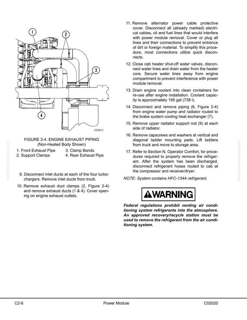 K&ouml;nnte beinhalten: Diagramm der Abgasanlage eines Motors mit nummerierten Komponenten und Ausbauanweisungen. Text enth&auml;lt Warnhinweise zum K&auml;ltemittel und Verfahren zum Trennen von Teilen. Ma&szlig;e in Gallonen und Litern.