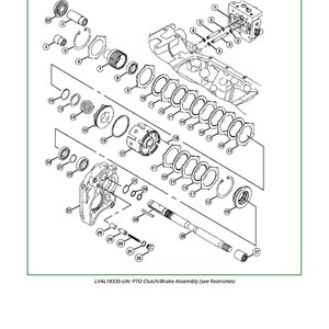 May include: An exploded diagram of a PTO Clutch/Brake Assembly, with various mechanical components labeled with numbers. The image includes the text "PTO Clutch/Brake Assembly" and "LVAL18335-UN: PTO Clutch/Brake Assembly (see footnotes)".