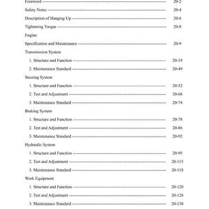 May include: A white Installation and Maintenance Manual with a table of contents. The manual covers topics like engine, transmission, steering, braking, and hydraulic systems. The text is black and clearly printed.