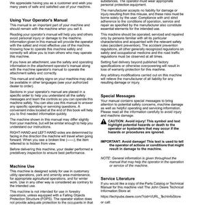 May include: A page from a John Deere operator's manual, featuring safety instructions and warnings. The manual includes sections on machine use, special messages, and service literature, with a caution symbol.